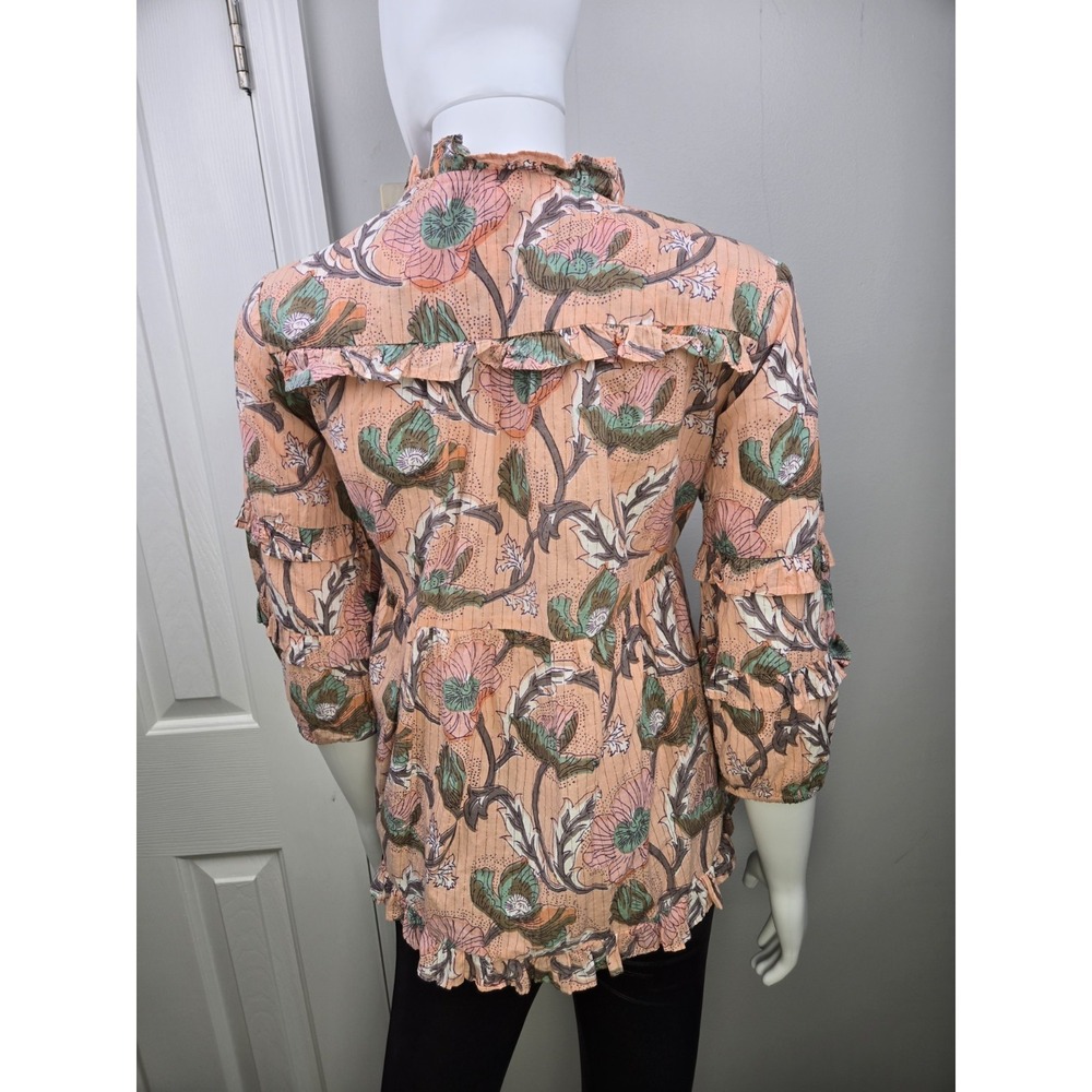 Ivy Jane Shimmer Ruffle V Neck‎ Blouse Top Peach Floral XS Tassel Accent - Picture 6 of 11